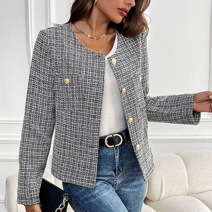 Plaid Tweed Jacket with Round Neck and Gold Buttons