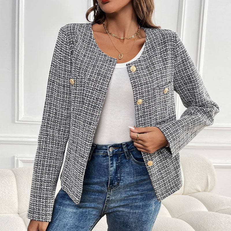 Plaid Tweed Jacket with Round Neck and Gold Buttons