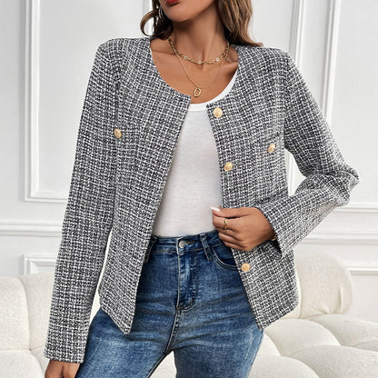 Plaid Tweed Jacket with Round Neck and Gold Buttons