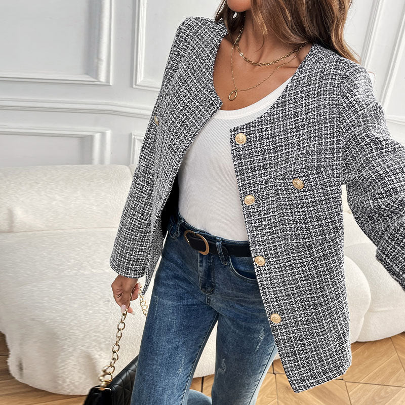Plaid Tweed Jacket with Round Neck and Gold Buttons