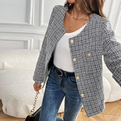 Plaid Tweed Jacket with Round Neck and Gold Buttons