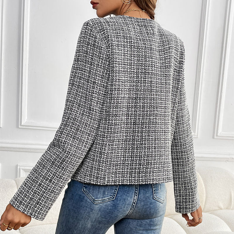 Plaid Tweed Jacket with Round Neck and Gold Buttons