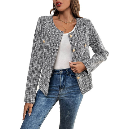 Plaid Tweed Jacket with Round Neck and Gold Buttons