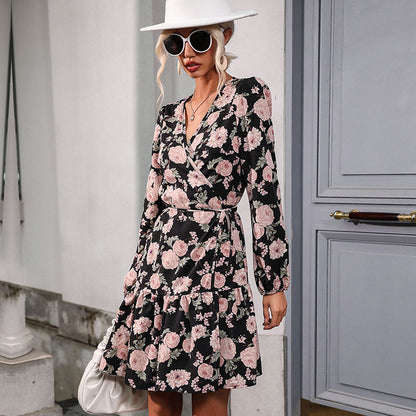 Floral Print Wrap Dress with Lantern Sleeves and Ruffles