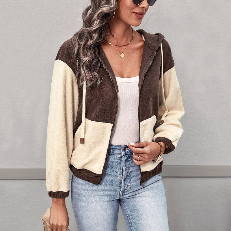 Color-Blocked Fleece Zip-Up Hoodie with Pockets