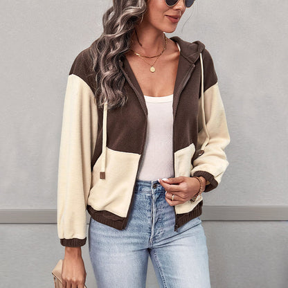 Color-Blocked Fleece Zip-Up Hoodie with Pockets