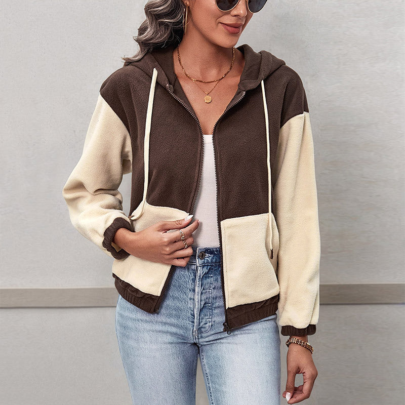 Color-Blocked Fleece Zip-Up Hoodie with Pockets