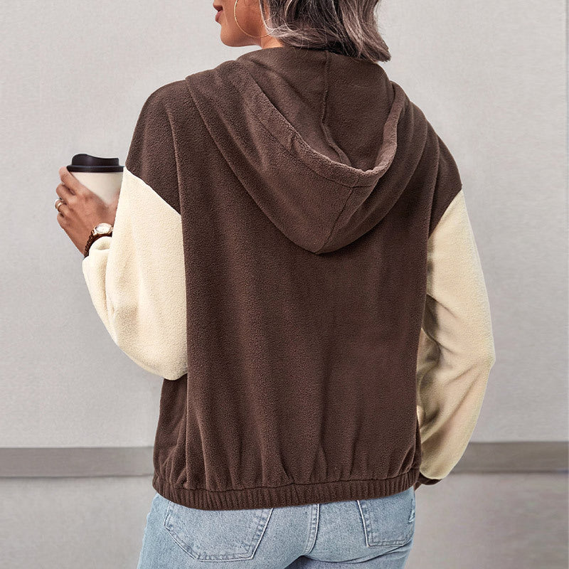 Color-Blocked Fleece Zip-Up Hoodie with Pockets