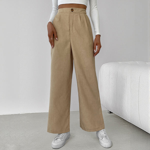 Wide-Leg Corduroy Pants with High-Waist and Pleated Front