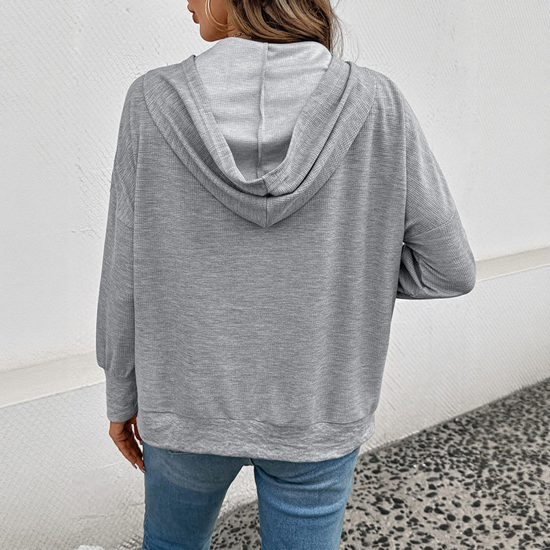 Waffle Knit Hoodie with Henley Button Front