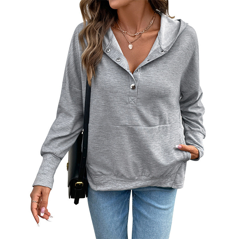 Waffle Knit Hoodie with Henley Button Front