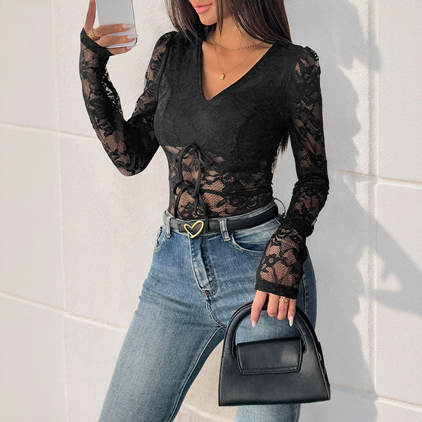 Lace Long Sleeve Top with V-Neck and Lace-Up Front