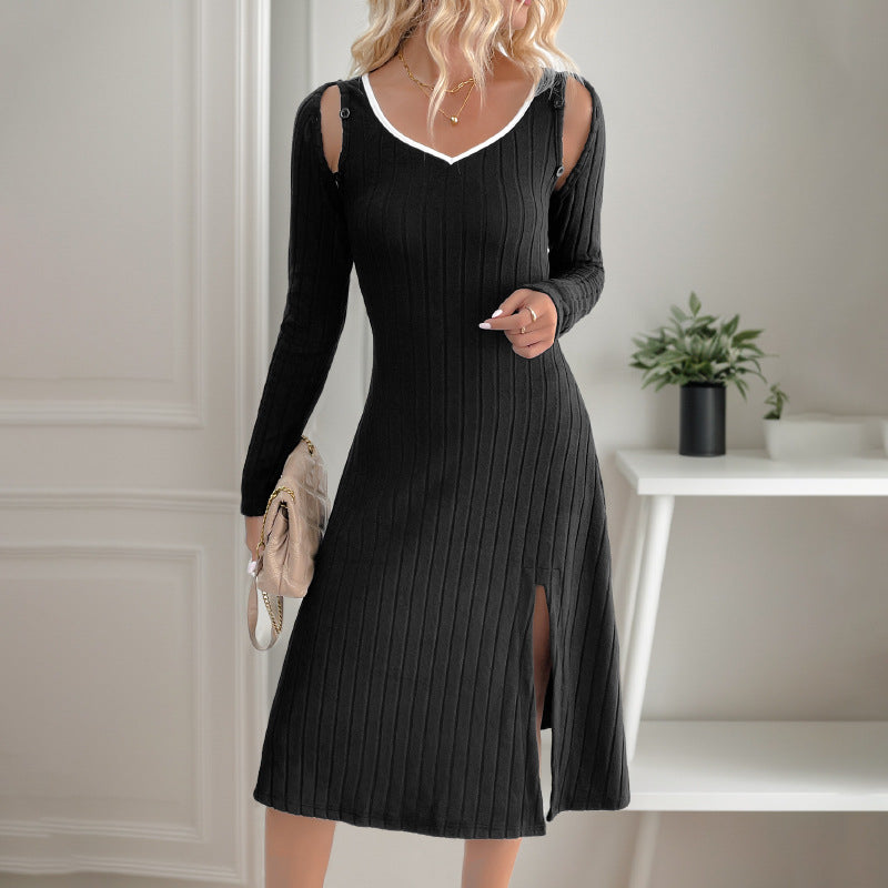 Ribbed Knit A-Line Dress with V-Neck, Detachable Straps, and Slit