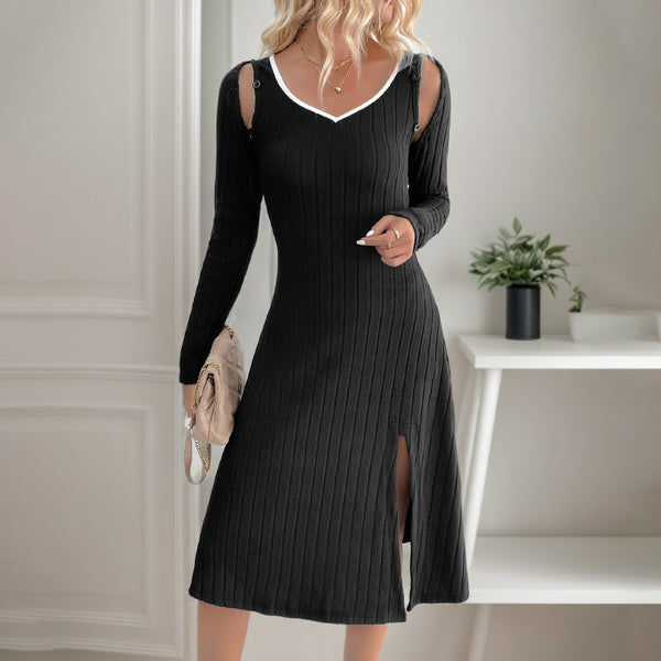 Ribbed Knit A-Line Dress with V-Neck, Detachable Straps, and Slit