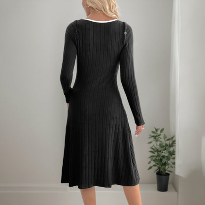 Ribbed Knit A-Line Dress with V-Neck, Detachable Straps, and Slit