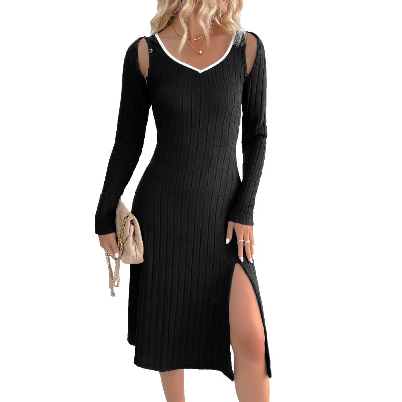 Ribbed Knit A-Line Dress with V-Neck, Detachable Straps, and Slit