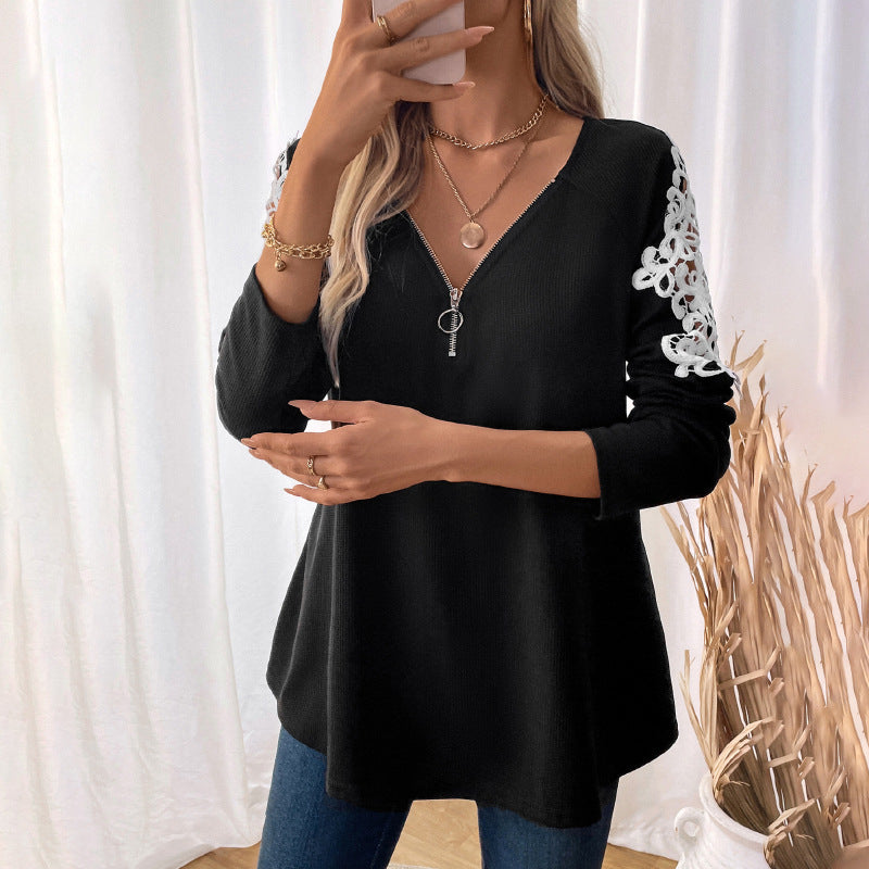 Solid Waffle Tunic Top with Zipper V-Neck and Embroidered Raglan Sleeves