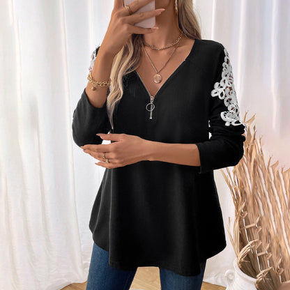 Solid Waffle Tunic Top with Zipper V-Neck and Embroidered Raglan Sleeves