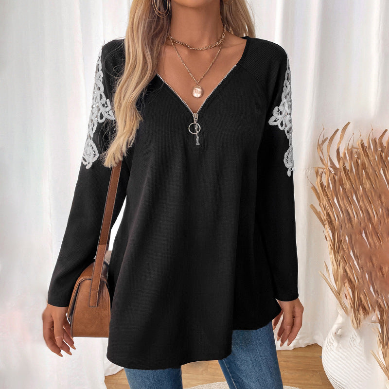 Solid Waffle Tunic Top with Zipper V-Neck and Embroidered Raglan Sleeves