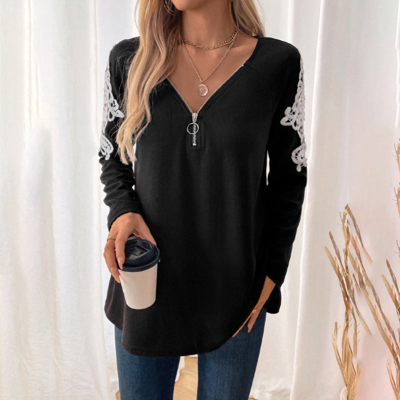 Solid Waffle Tunic Top with Zipper V-Neck and Embroidered Raglan Sleeves