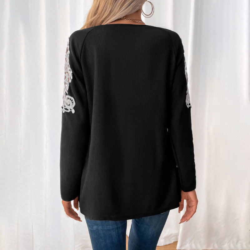 Solid Waffle Tunic Top with Zipper V-Neck and Embroidered Raglan Sleeves
