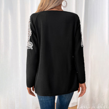 Solid Waffle Tunic Top with Zipper V-Neck and Embroidered Raglan Sleeves