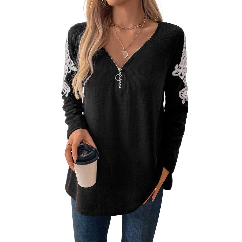 Solid Waffle Tunic Top with Zipper V-Neck and Embroidered Raglan Sleeves