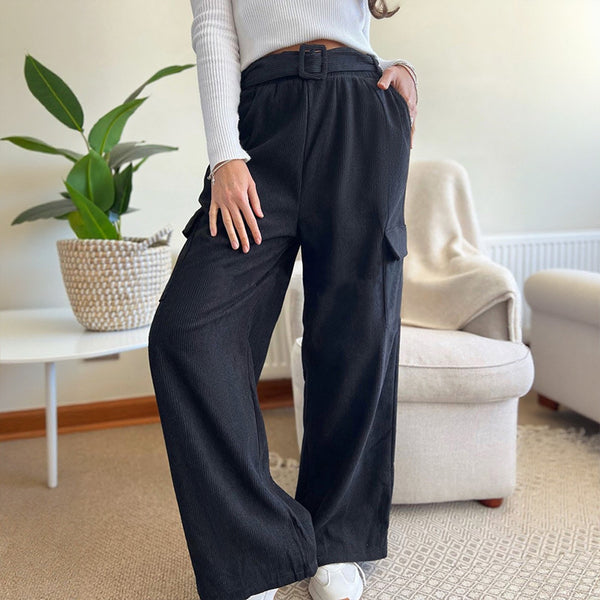 High-Waist Corduroy Wide-Leg Cargo Pants with Belt