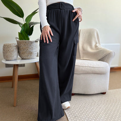 High-Waist Corduroy Wide-Leg Cargo Pants with Belt