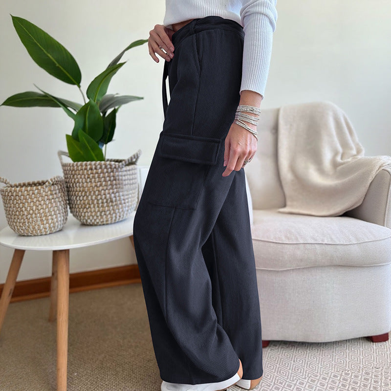High-Waist Corduroy Wide-Leg Cargo Pants with Belt
