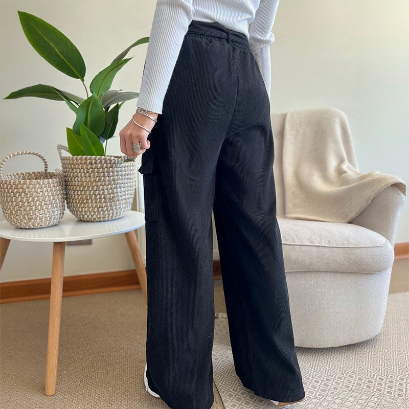 High-Waist Corduroy Wide-Leg Cargo Pants with Belt