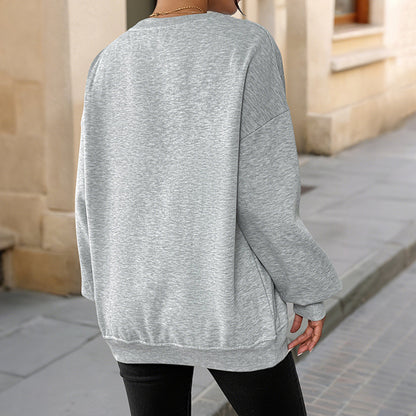 Oversized Solid Sweatshirt with Round Neck and Fleece Lining