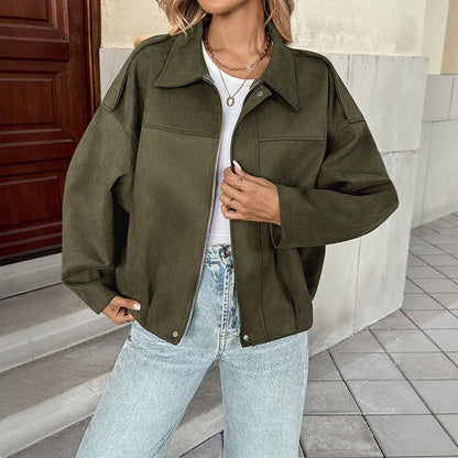 Loose Faux Suede Jacket with Lapel Collar and Bat Sleeves