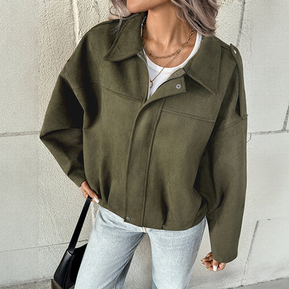 Loose Faux Suede Jacket with Lapel Collar and Bat Sleeves