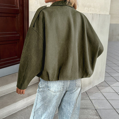Loose Faux Suede Jacket with Lapel Collar and Bat Sleeves