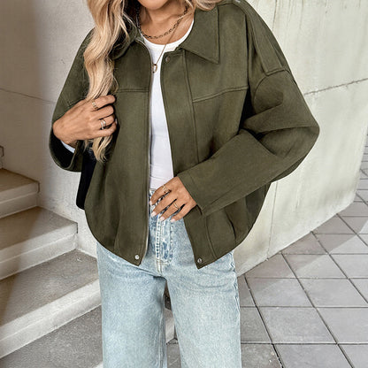 Loose Faux Suede Jacket with Lapel Collar and Bat Sleeves