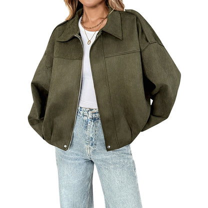 Loose Faux Suede Jacket with Lapel Collar and Bat Sleeves