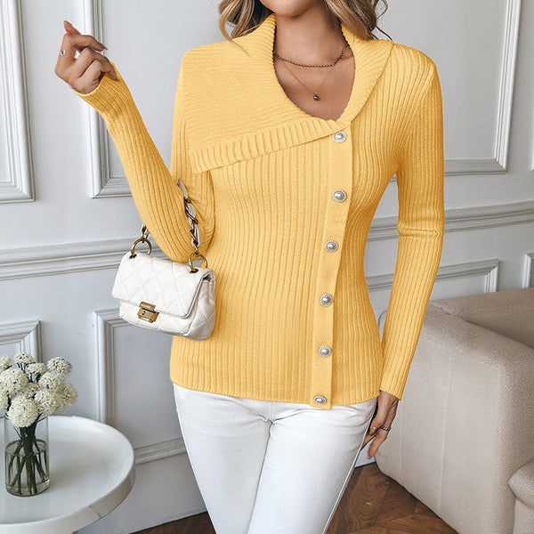 Slim-Fit Ribbed Knit Sweater with V-Neck and Pearl Buttons