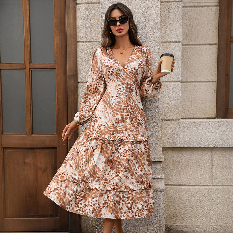 Animal Print Midi Dress with V-Neck and Ruffled Hem