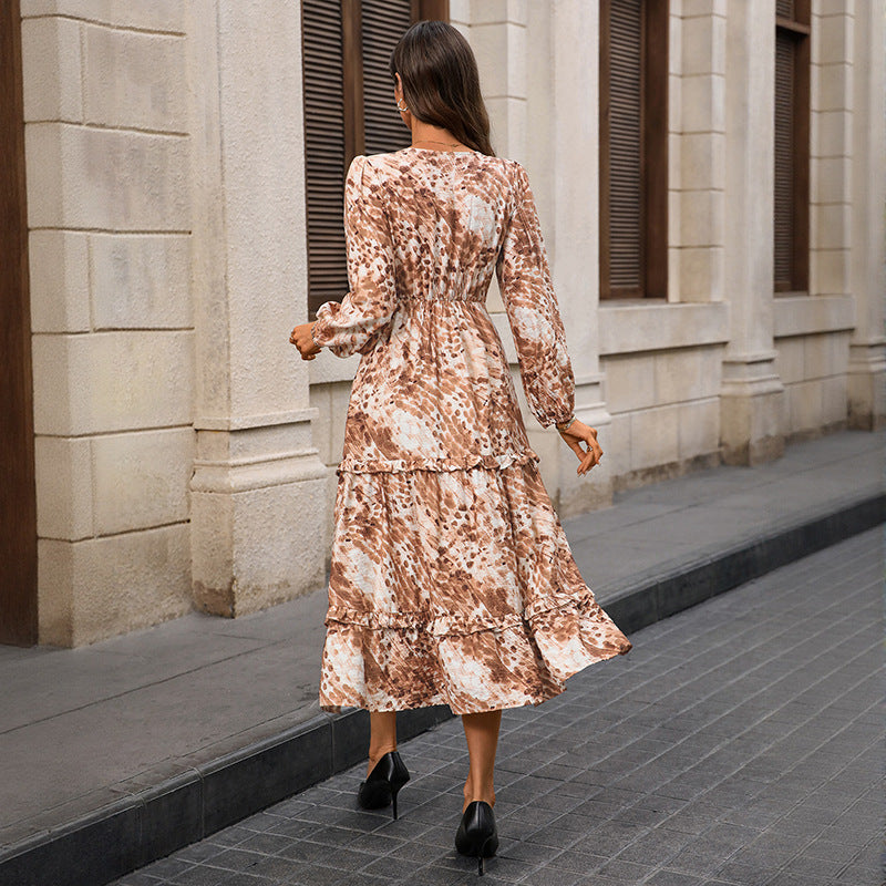 Animal Print Midi Dress with V-Neck and Ruffled Hem