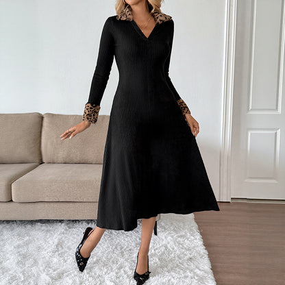 Ribbed Midi Dress with V-Neck and Leopard Print Trim