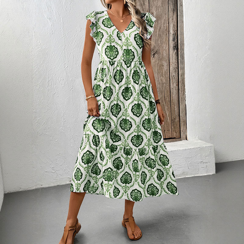 Geometric Print Tiered Midi Dress with Ruffled Sleeves