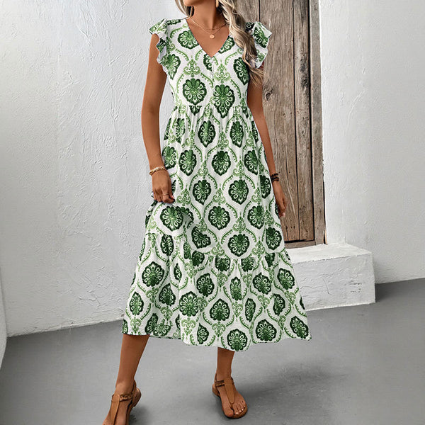Geometric Print Tiered Midi Dress with Ruffled Sleeves