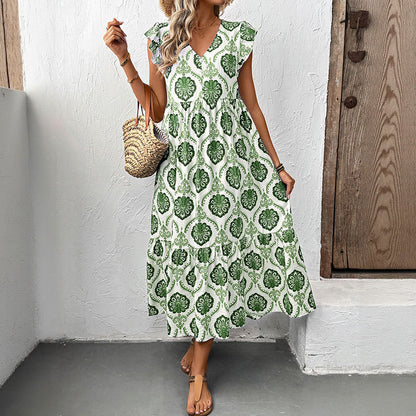 Geometric Print Tiered Midi Dress with Ruffled Sleeves
