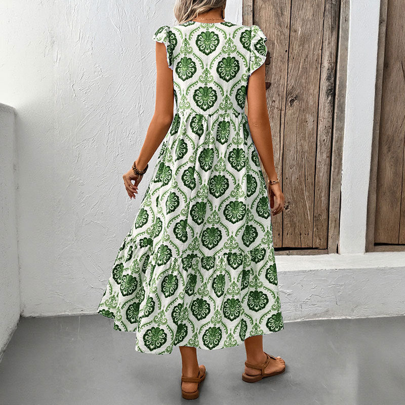Geometric Print Tiered Midi Dress with Ruffled Sleeves