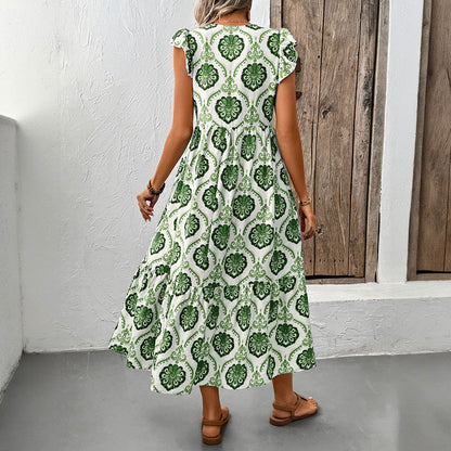 Geometric Print Tiered Midi Dress with Ruffled Sleeves