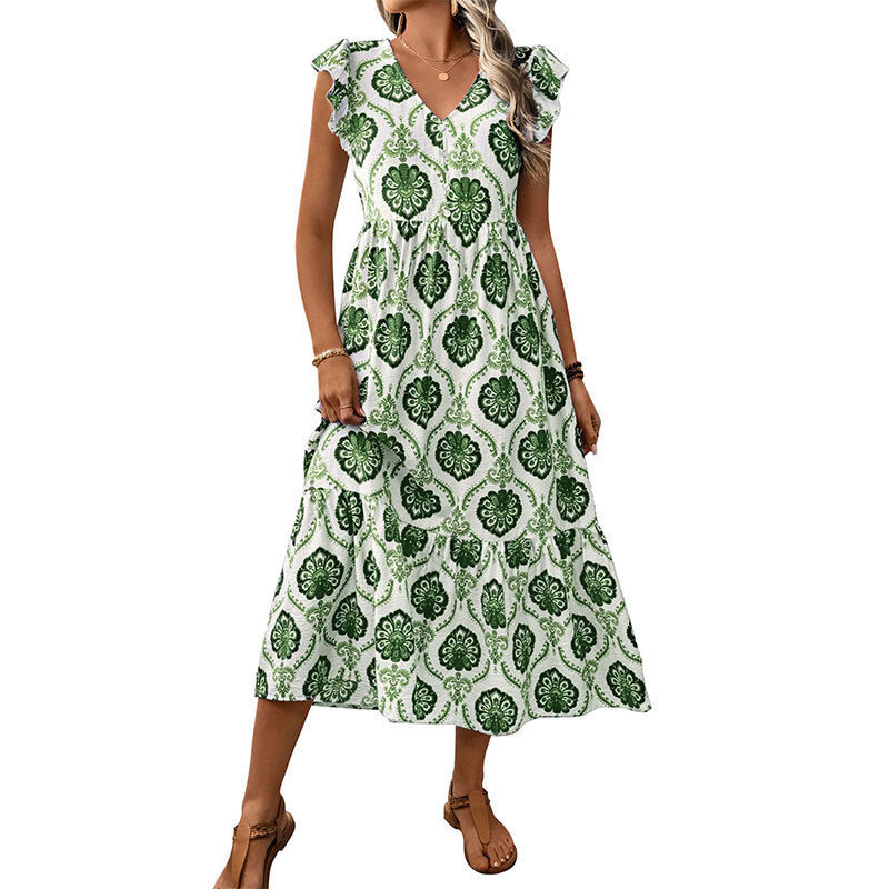 Geometric Print Tiered Midi Dress with Ruffled Sleeves