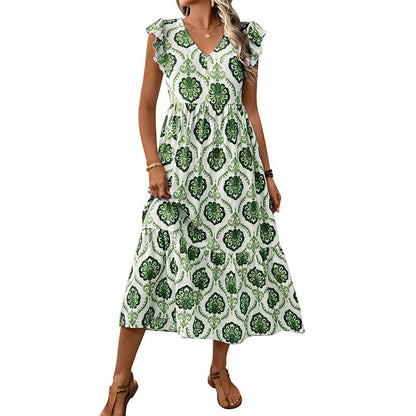 Geometric Print Tiered Midi Dress with Ruffled Sleeves