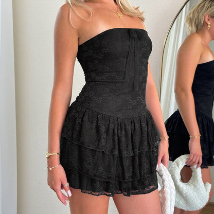 Strapless Lace Mini Dress with Tiered Skirt and Bow Detail