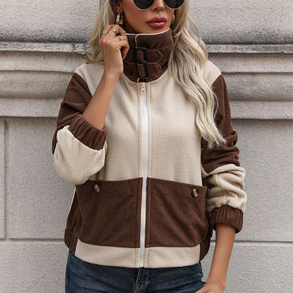 Color-Block Fleece and Corduroy Jacket with Stand Collar
